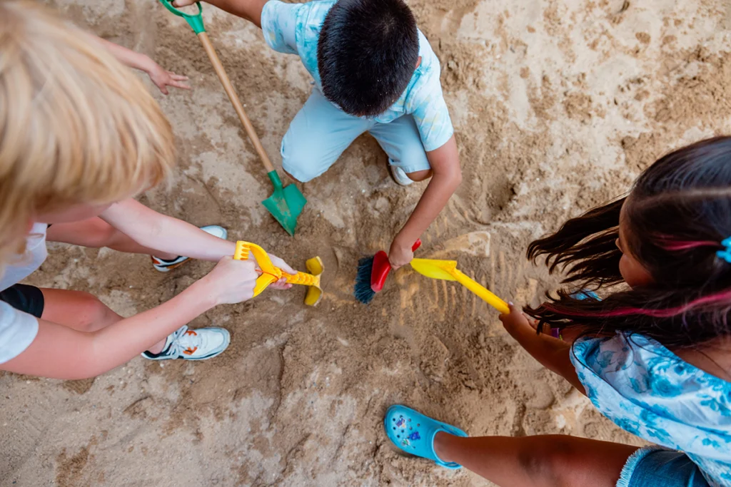 3 children uncover dinosaur bones in sandbox